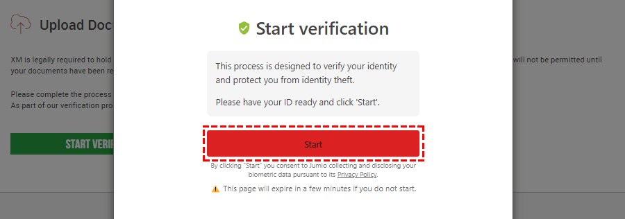 Start of XM account verification.
