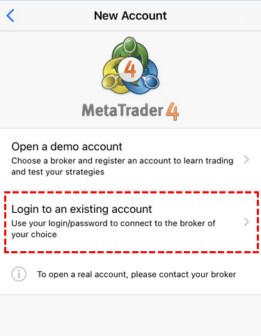 Login to an existing account button on the smartphone version of MT4