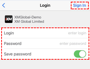XM demo account login information entry screen.