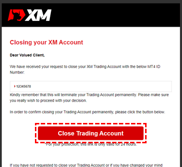 CLOSE TRADING ACCOUNT button in XM member area