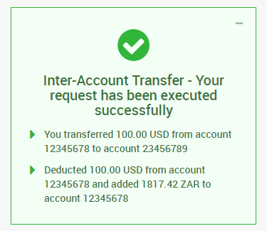 Completion of internal transfers between XM accounts.