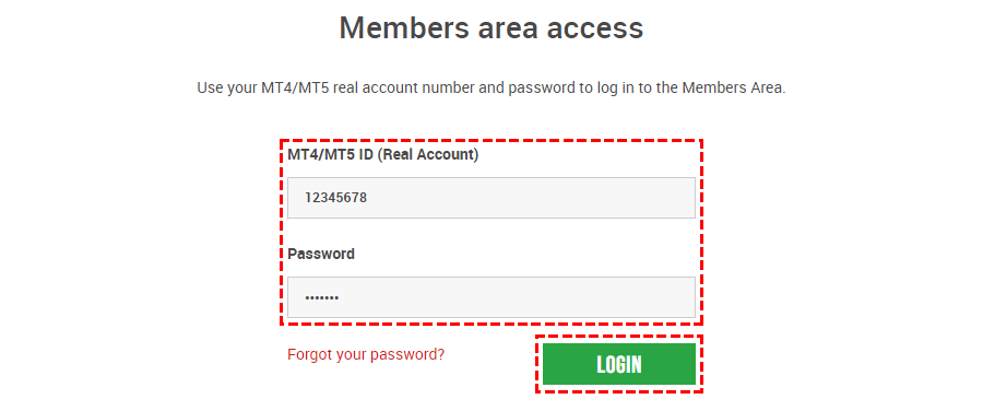 XM login page and example entry