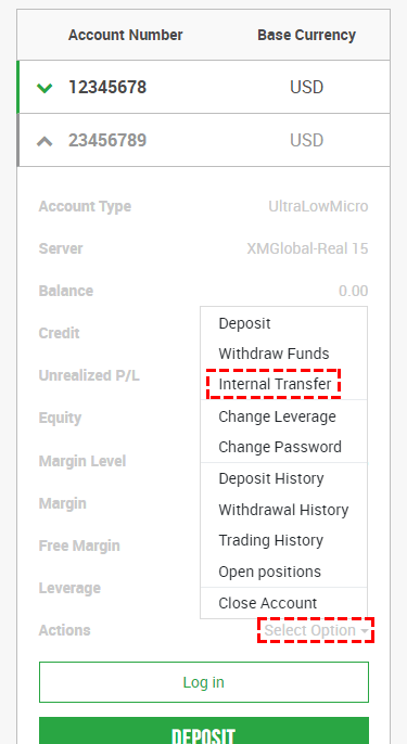 Internal transfer button on XM account list
