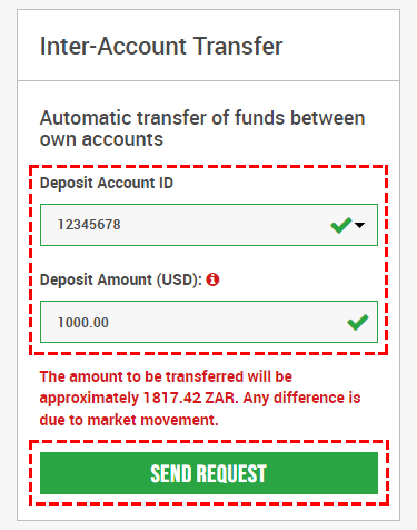 Fields for entering the amount of inter account transfers