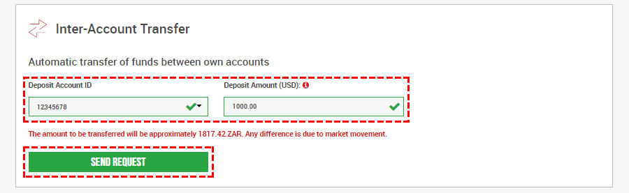 Fields for entering the amount of inter account transfers