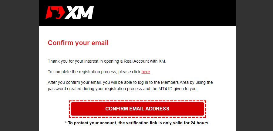 Email from XMGlobal titled Welcome to XM - Confirm Your Email Address.