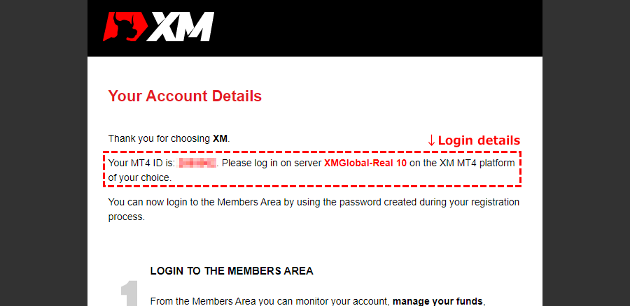 Email with login details to XM Member Area and MT4/MT5