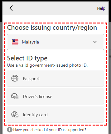 Select the country/region of issue and type of ID for the document to be submitted to XM