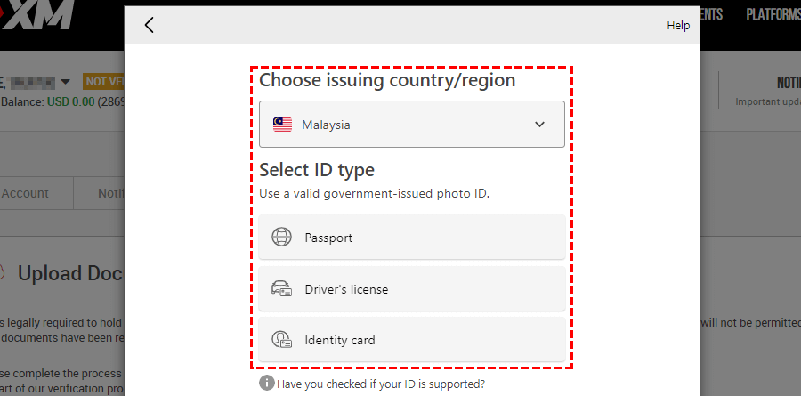 Select the country/region of issue and type of ID for the document to be submitted to XM