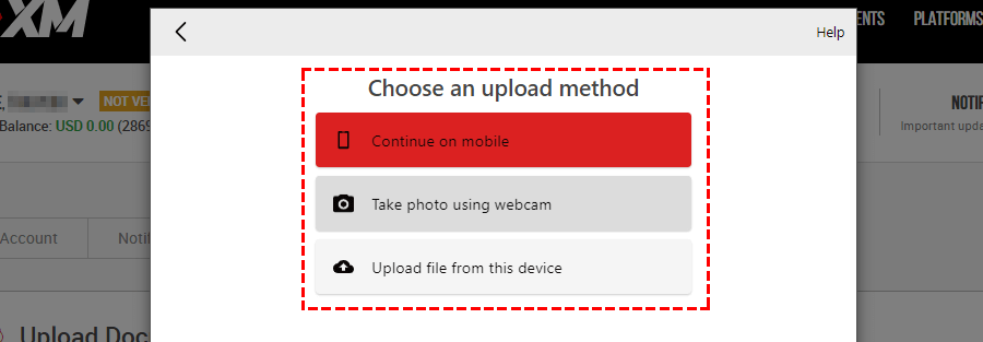 Screen for selecting the method of uploading document images.