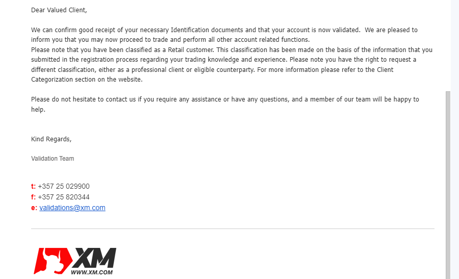 Email informing you that your XM account has been verified.