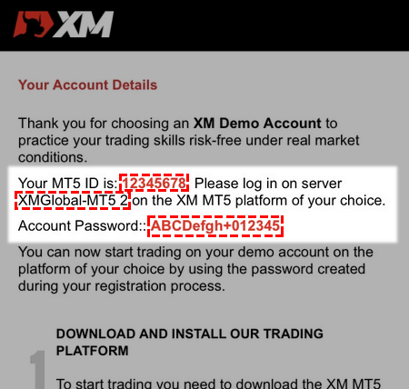 Email with login details for the first XM demo account opened.