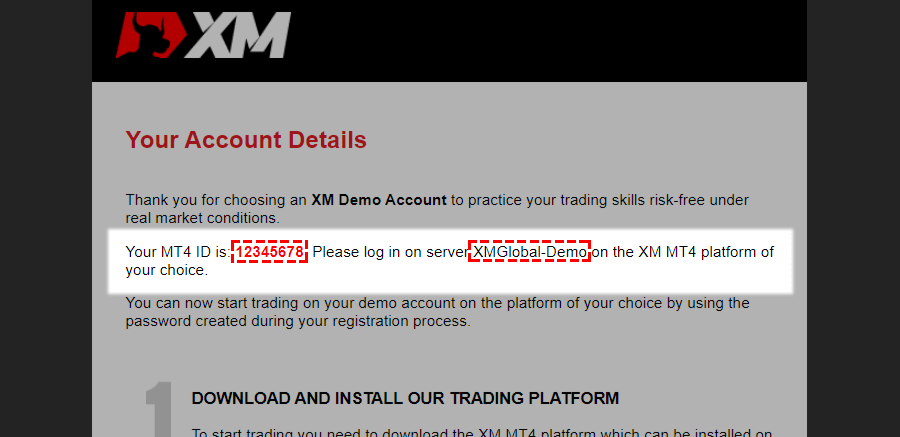 Email with login details for the XM demo account.