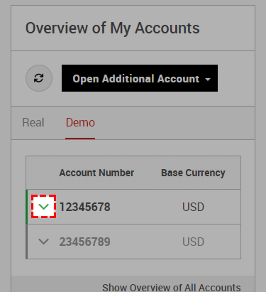 Expand account menu of demo account in smartphone version XM member area