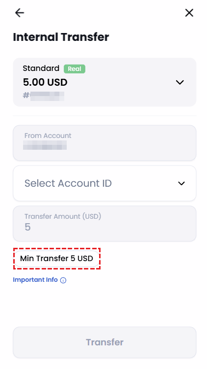 XM example screen showing the minimum amount displayed when making an internal transfer