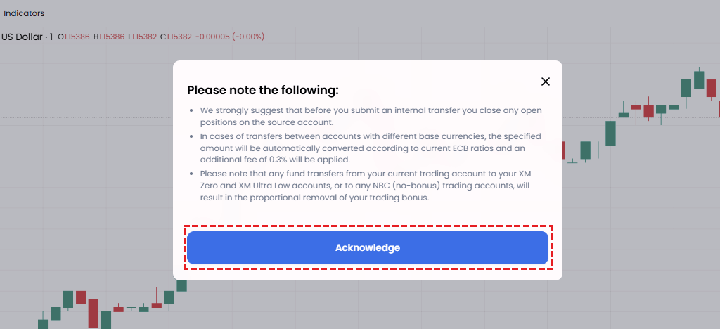 XM internal transfer warning screen showing exchange rate notice and bonus restrictions