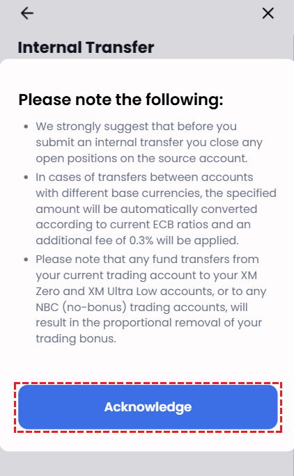 XM internal transfer warning screen showing exchange rate notice and bonus restrictions