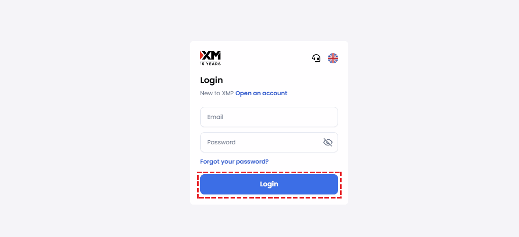 XM Members Area login page with email and password fields