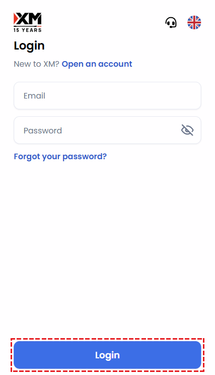XM Members Area login page with email and password fields