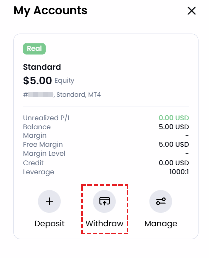 XM Members Area showing balance at top and Withdraw button for selected account
