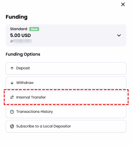 XM fund management menu screen showing the Internal Transfer option