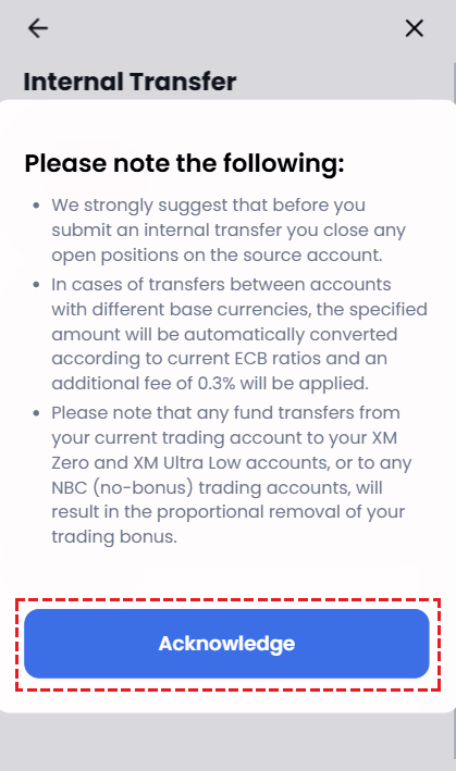 Screen displaying the precautions notice for XM internal transfers