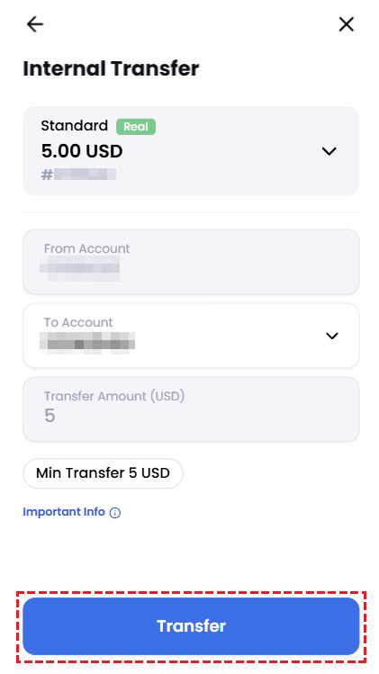 Selecting the destination account and entering the transfer amount in XM Members Area on mobile