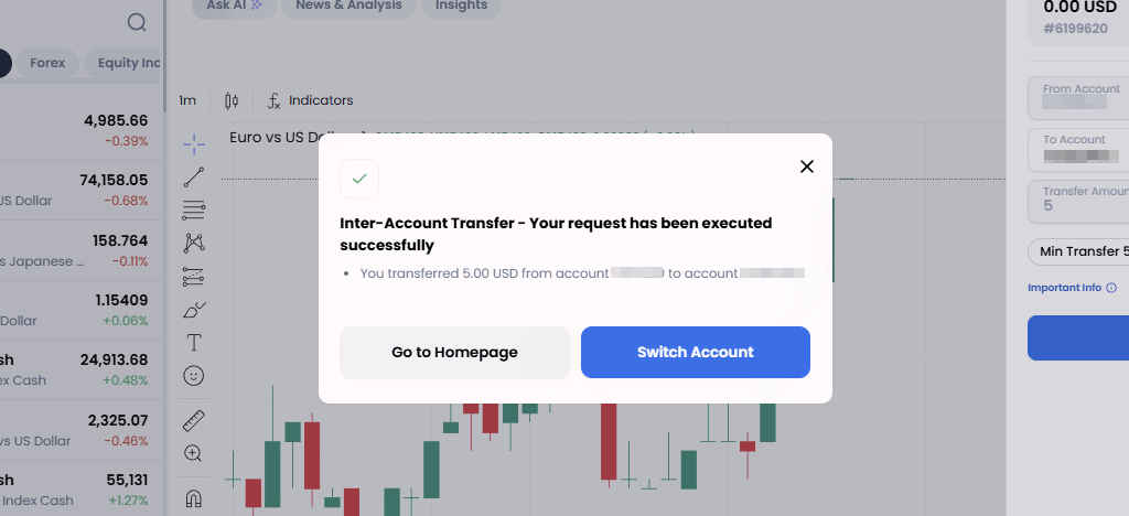 XM internal transfer success confirmation screen