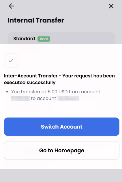 XM internal transfer success confirmation screen on mobile