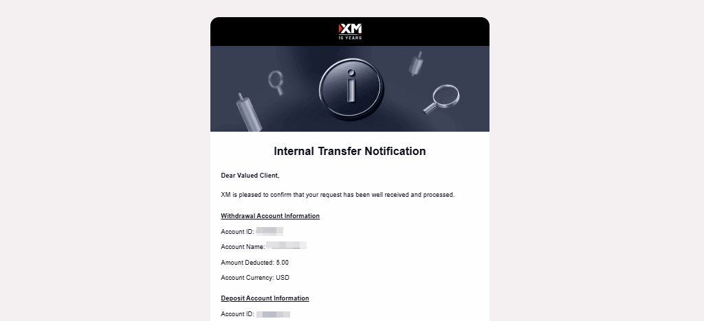 XM internal transfer notification email