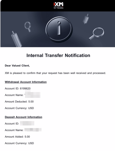 XM internal transfer notification email on mobile