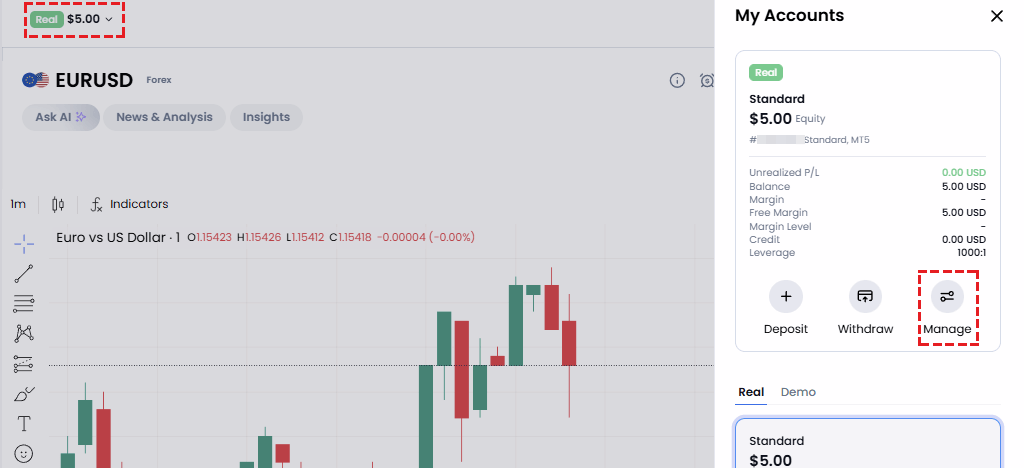 XM Members Area showing Standard and Ultra Low trading accounts with Manage button