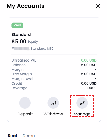 XM Members Area showing Standard and Ultra Low trading accounts with Manage button on mobile