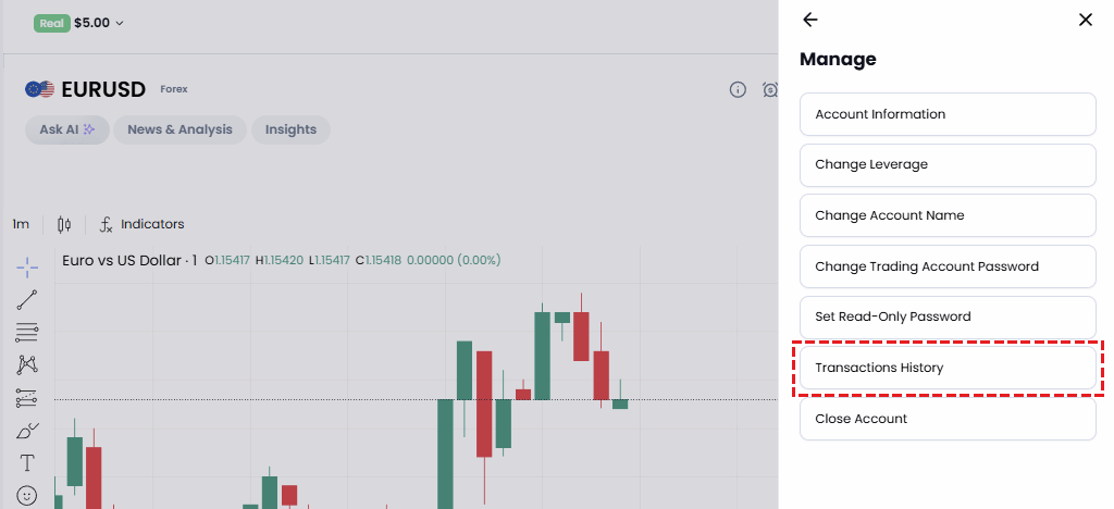 XM Members Area management menu showing the Transaction History option