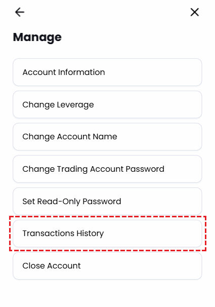 XM Members Area management menu showing the Transaction History option on mobile