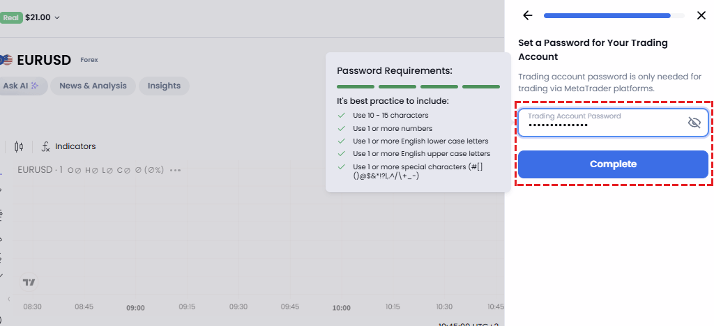 Password setting screen for an additional XM trading account