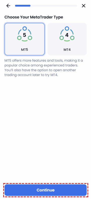 MT4/MT5 platform selection screen when opening an XM account