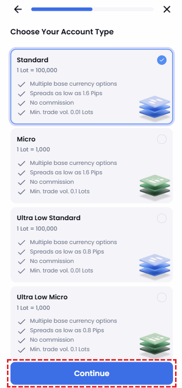 XM account type selection screen - Standard, Ultra Low, and Shares account options