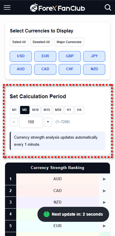 Image showing the position of the calculation period settings panel