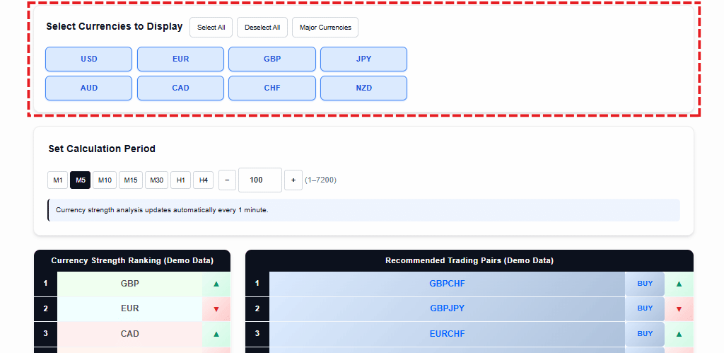 Image showing the position of the display currency selection panel