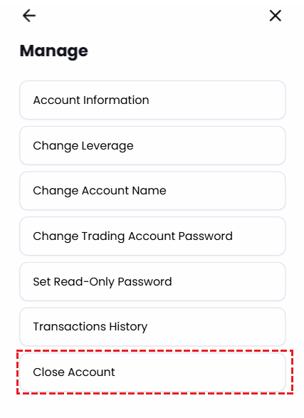 XM account management menu showing the Close Account option at the bottom of the menu list