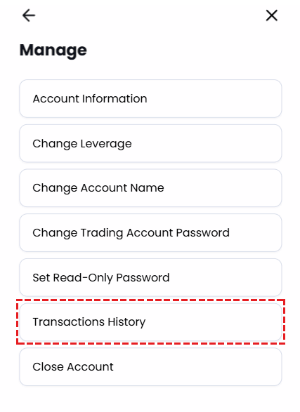 Accessing XM transaction history by clicking Manage then selecting Transaction History to check pending withdrawal requests