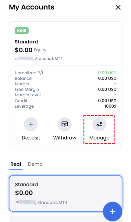 Clicking the Manage button in the My Accounts section to check account status before closing an XM account