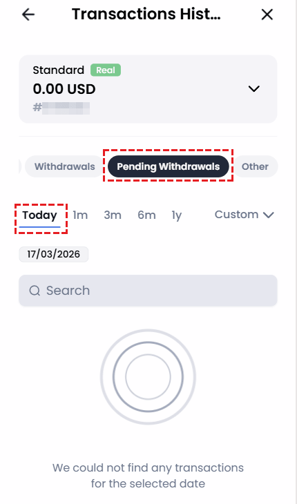 XM transaction history page showing how to check withdrawal status by selecting the withdrawals tab at the top
