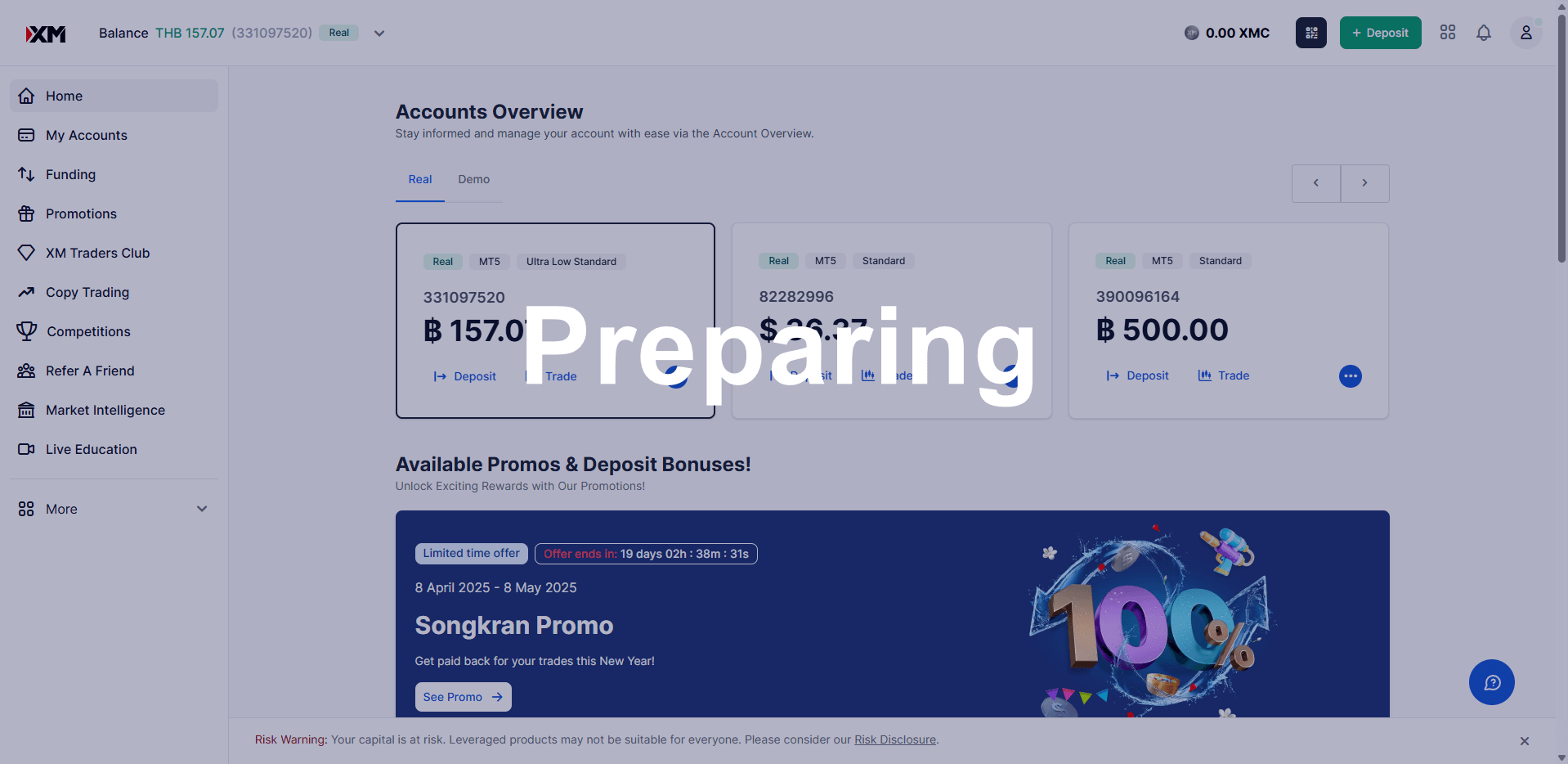 Account selection screen for receiving the $30 Trading Bonus