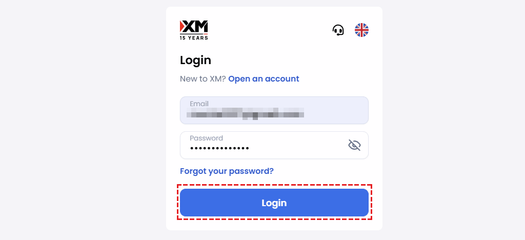 XM Members Area login form for identity verification, with email and password fields