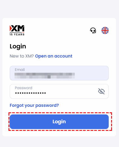 XM Members Area login form for identity verification, with email and password fields