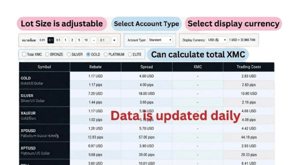 How to use the XM Trading Cost Calculator – interface overview showing lot size, account type, and currency controls