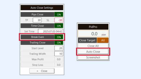 Screenshot showing PidPro's automatic break-even order closing feature