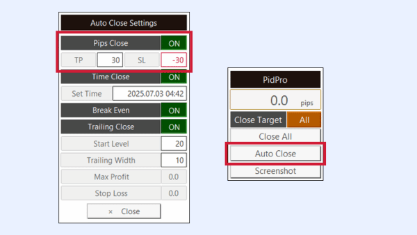 Screenshot showing PidPro's auto close by pips feature